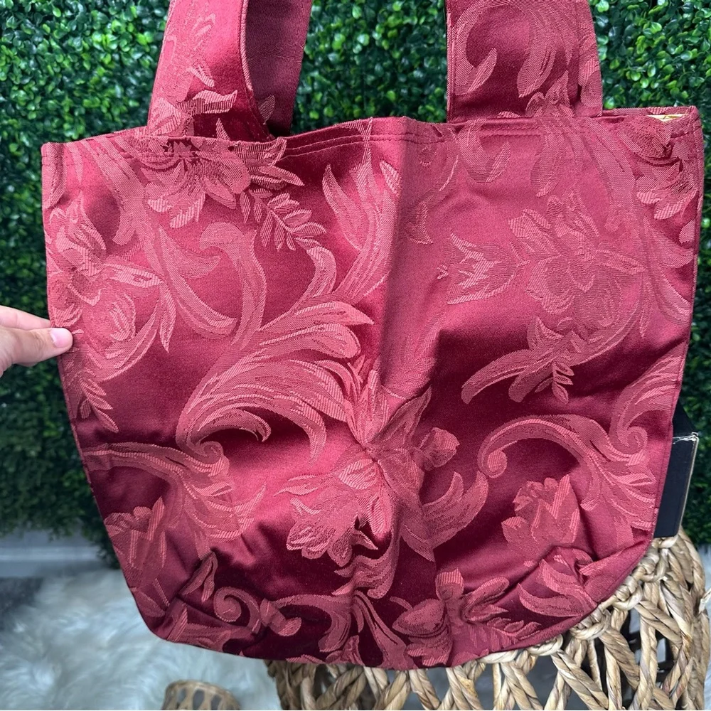 Nwt handmade reversible canvas tote burgundy damask‎ jacquard woven Y2K style